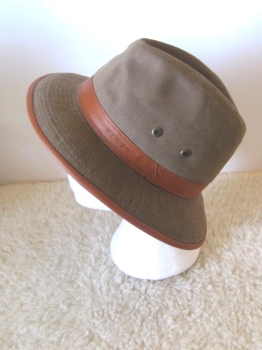 Stetson Olive Green and Brown Leather Trim Bucket Hat